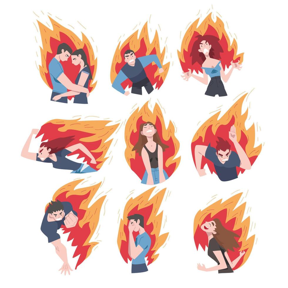 Burning People Set, Stressed Men and Women on Flame, Burnout, Emotional Problems Concept Cartoon Style Illustration vector