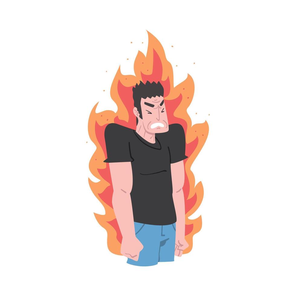 Burning Furious Man, Stress, Burnout, Emotional Problems Concept Cartoon Style Illustration vector