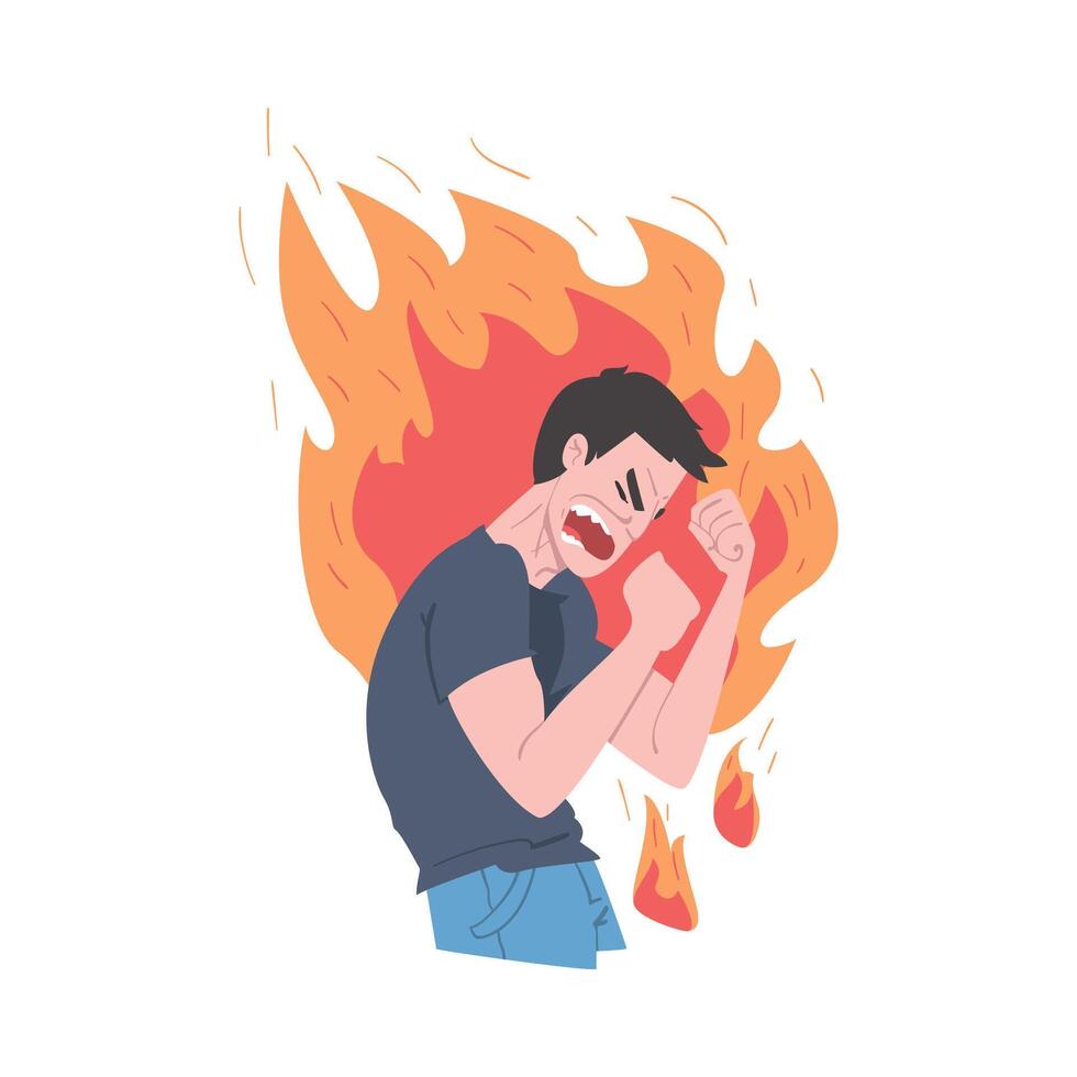 Burning Man in Rage, Stress, Burnout, Emotional Problems Concept Cartoon Style Illustration vector