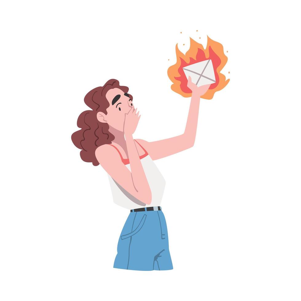 Scared Young Woman Holding Blazing Envelope Cartoon Style Illustration vector