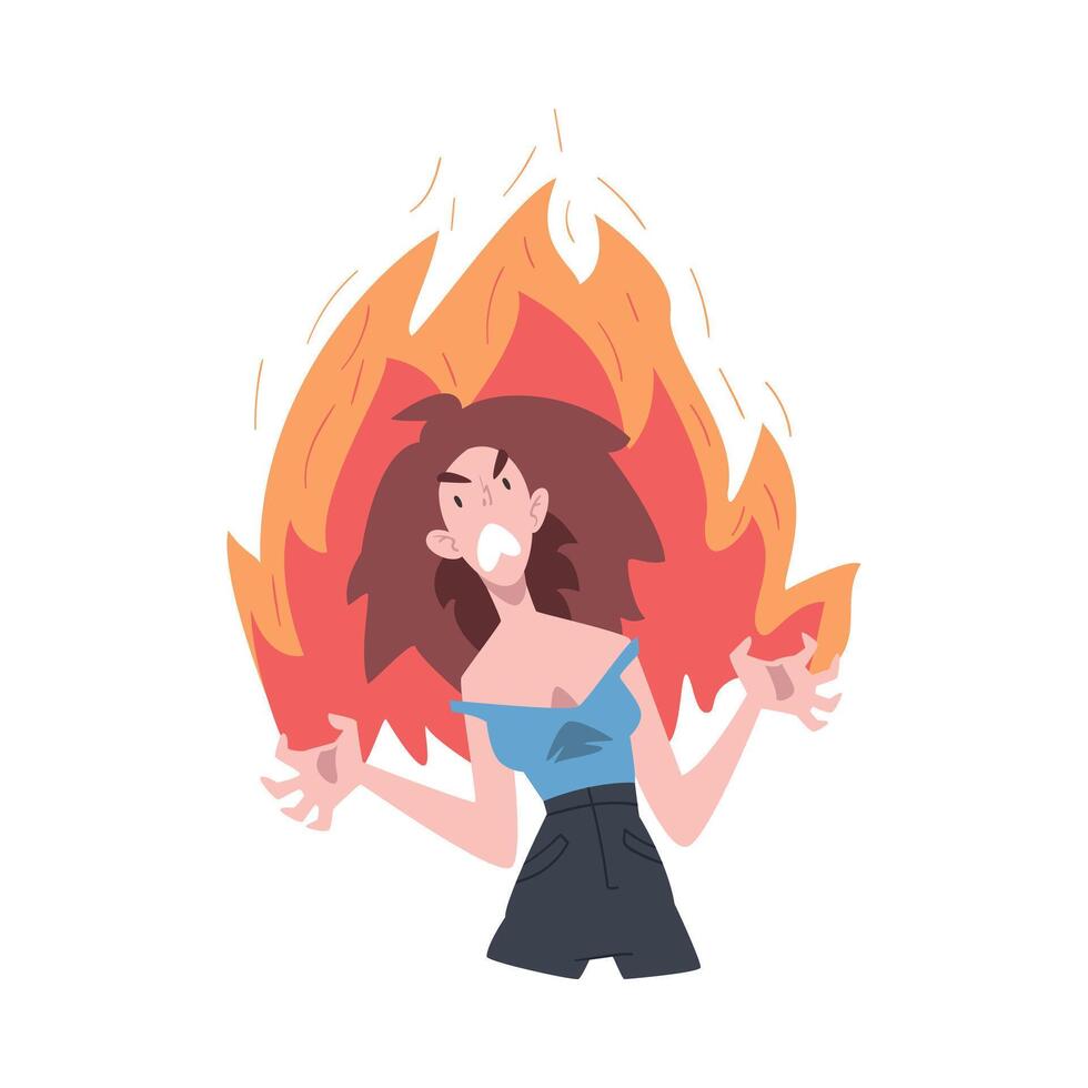 Furious Girl in Flame, Burning Fury, Rage, Stress, Burnout, Emotional Problems Cartoon Style Illustration vector