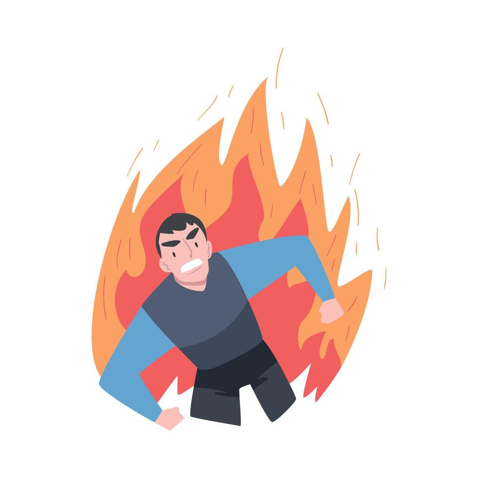 Furious Businessman in Flame, Burning Fury, Rage, Stress, Burnout, Emotional Problems Cartoon Style Illustration vector