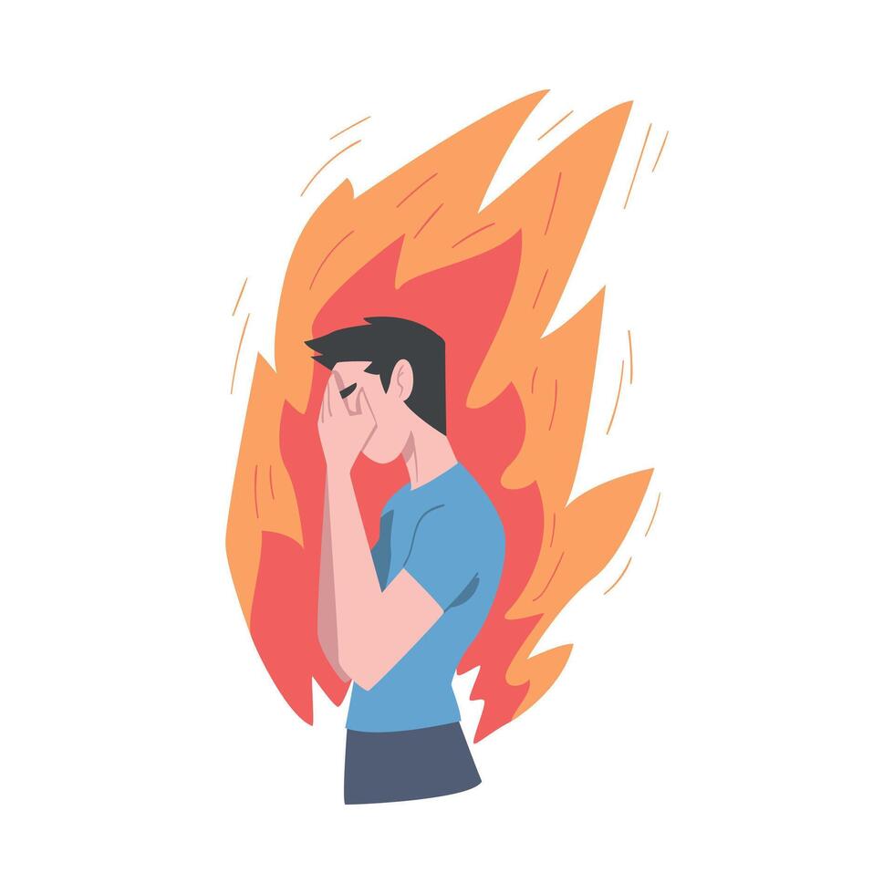 Stressed Young Man in Flame, Stress, Burnout, Emotional Problems Concept Cartoon Style Illustration vector