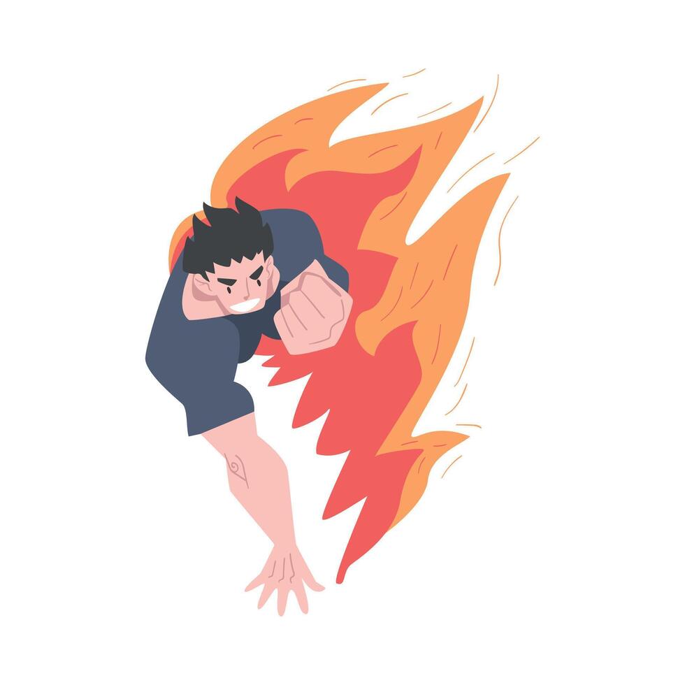 Running Man in Flame, Burning Fury, Stress, Burnout, Emotional Problems Concept Cartoon Style Illustration vector