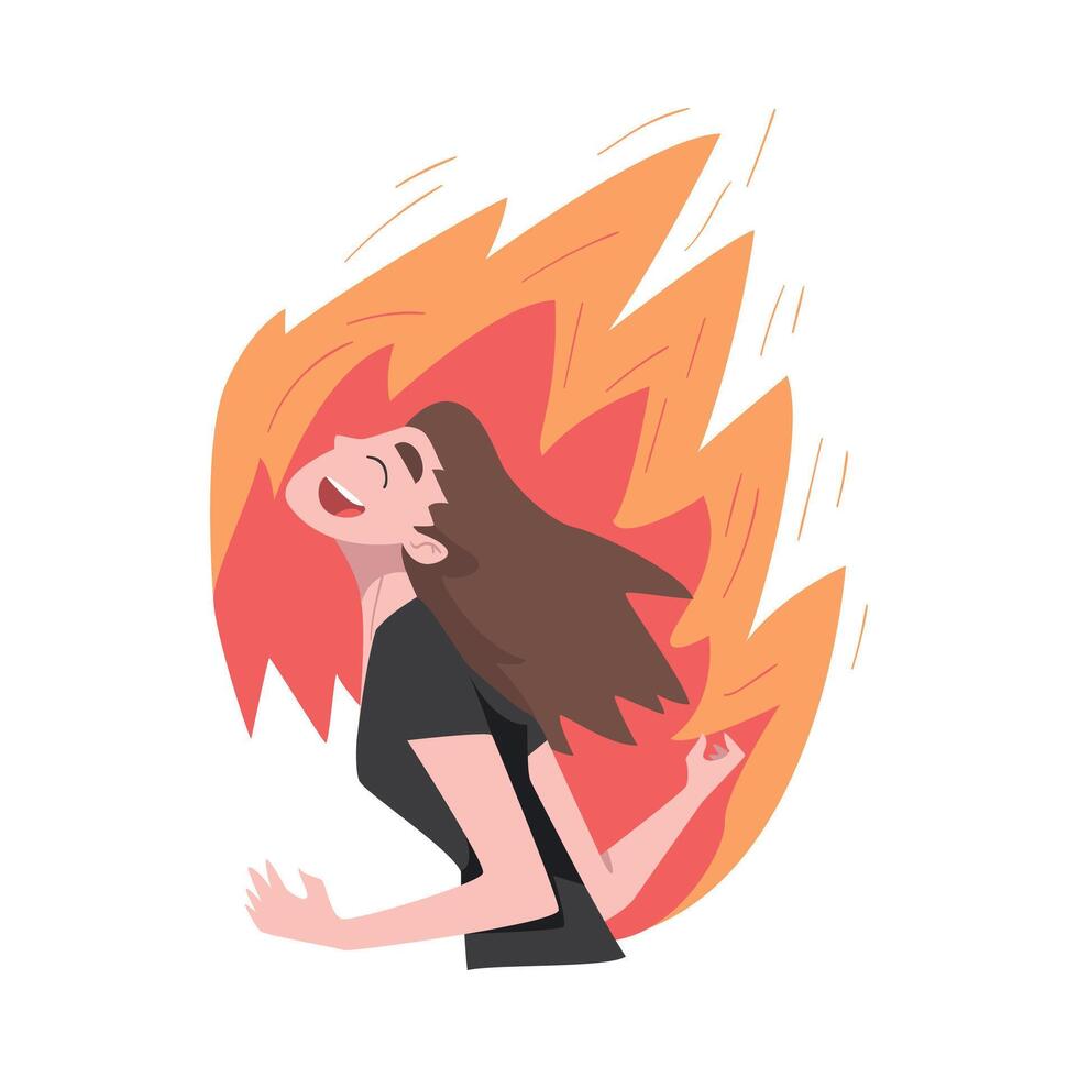 Stressed Girl in Flame, Stress, Burnout, Emotional Problems Concept Cartoon Style Illustration vector