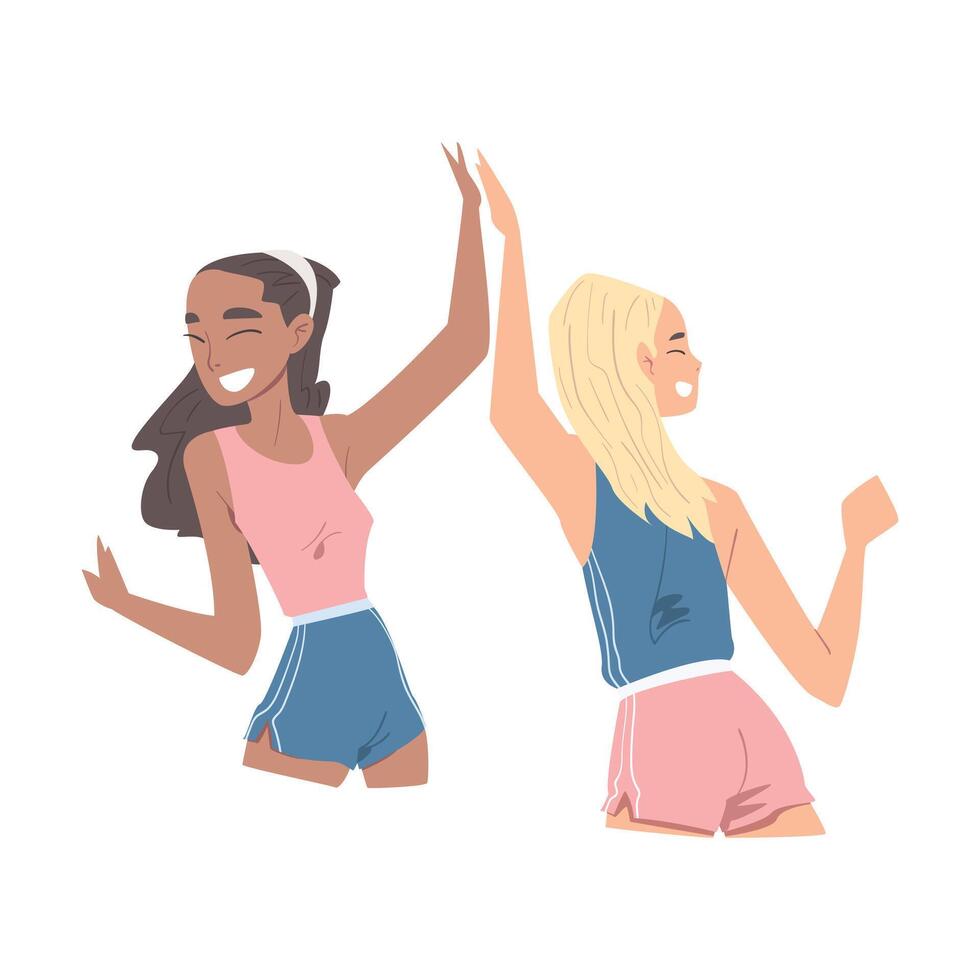 Happy Girls Giving High Five, Cheerful Friends Characters Meeting, Happiness, Agreement or Joy Expression Cartoon Style Illustration vector