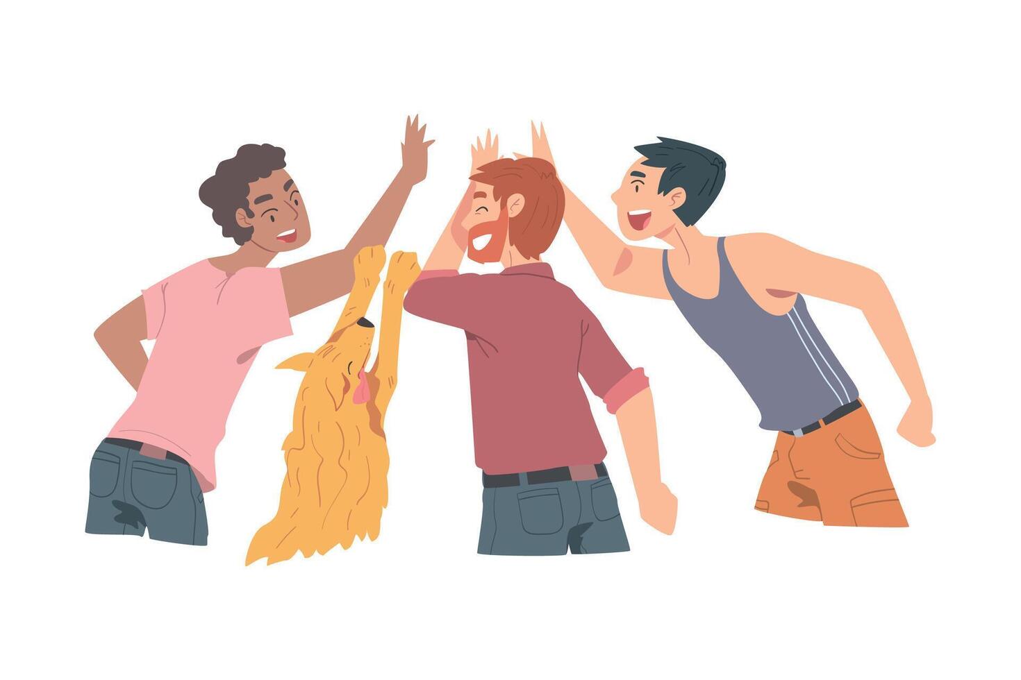 People and Dog Giving High Five, Cheerful Friends or Colleagues Characters Meeting, Happiness, Agreement or Joy Expression Cartoon Style Illustration vector