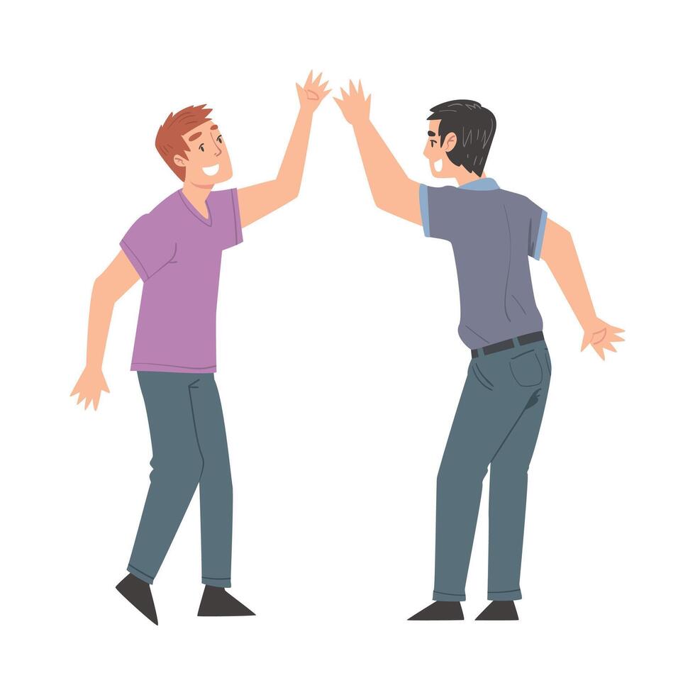 Smiling Men Giving High Five, Cheerful Friends and Colleagues Characters Meeting, Happiness, Agreement or Joy Expression Cartoon Style Illustration vector
