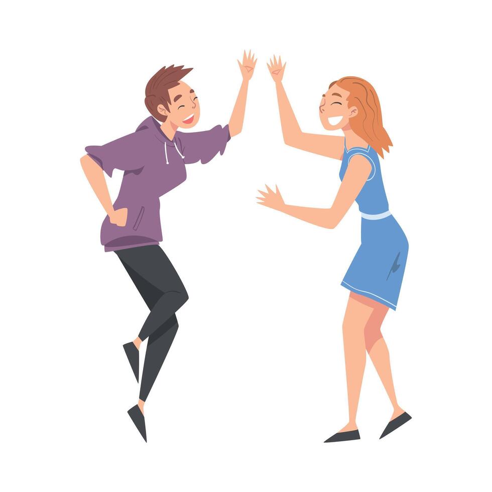 Happy Young Women Giving High Five, Cheerful Friends and Colleagues Characters Meeting, Happiness, Agreement or Joy Expression Cartoon Style Illustration vector