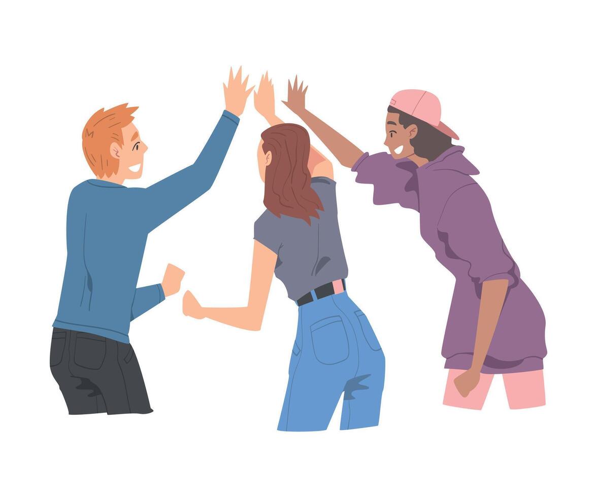 Happy People Giving High Five, Cheerful Friends or Colleagues Characters Meeting, Happiness, Agreement or Joy Expression Cartoon Style Illustration vector