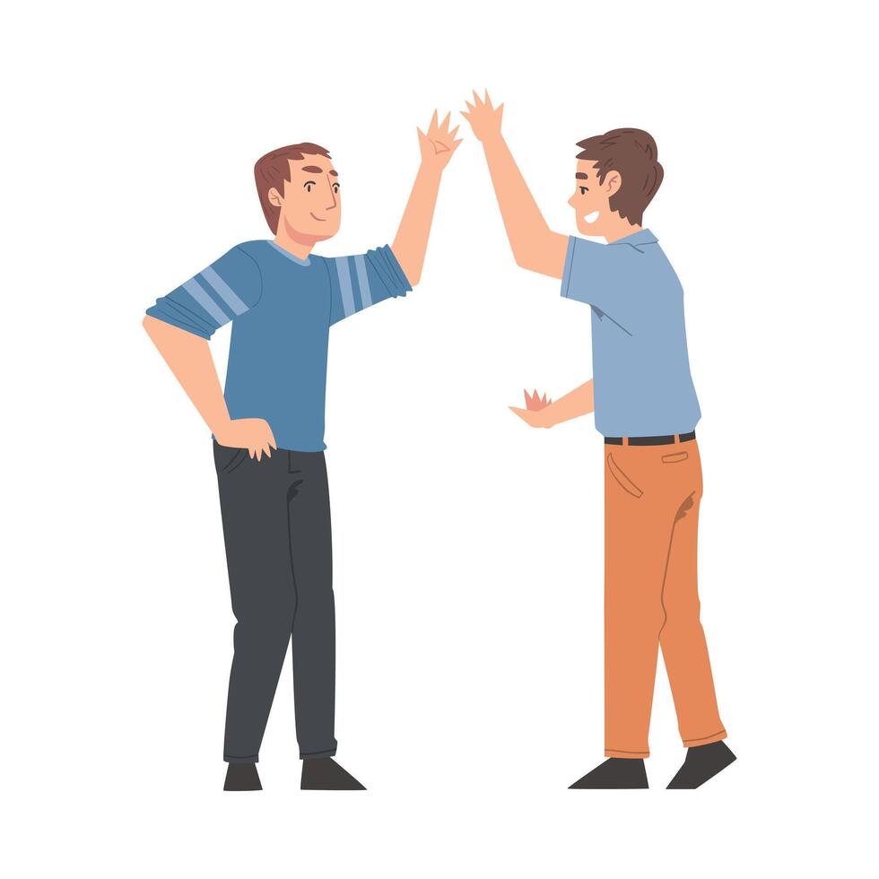 Two Men Giving High Five, Cheerful Friends and Colleagues Characters Meeting, Happiness, Agreement or Joy Expression Cartoon Style Illustration vector