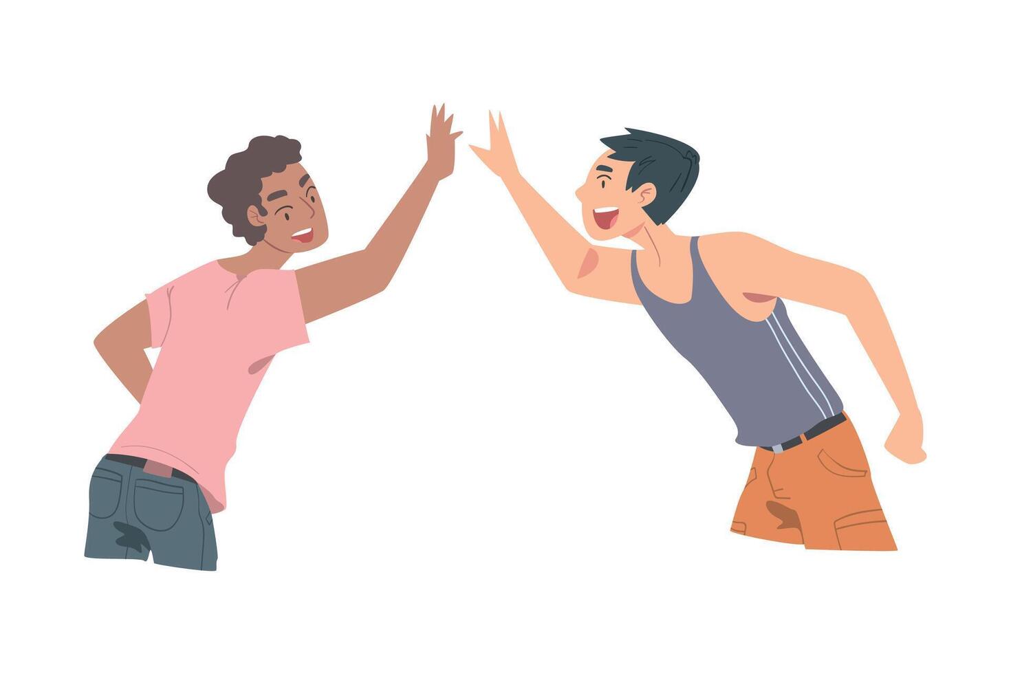 Young Men Giving High Five, Cheerful Friends and Colleagues Characters Meeting, Happiness, Agreement or Joy Expression Cartoon Style Illustration vector