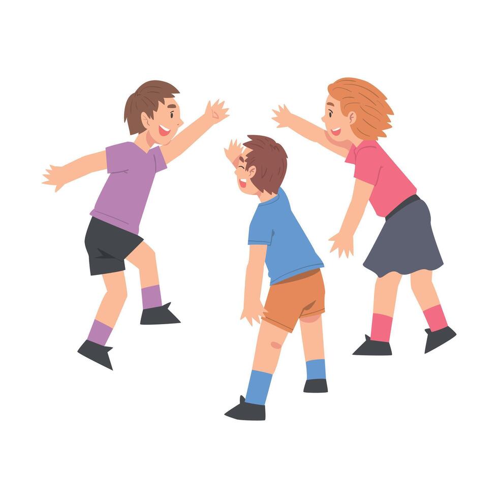 Three Happy Boys Giving High Five, Cheerful Friends Characters Meeting, Happiness, Agreement or Joy Expression Cartoon Style Illustration vector
