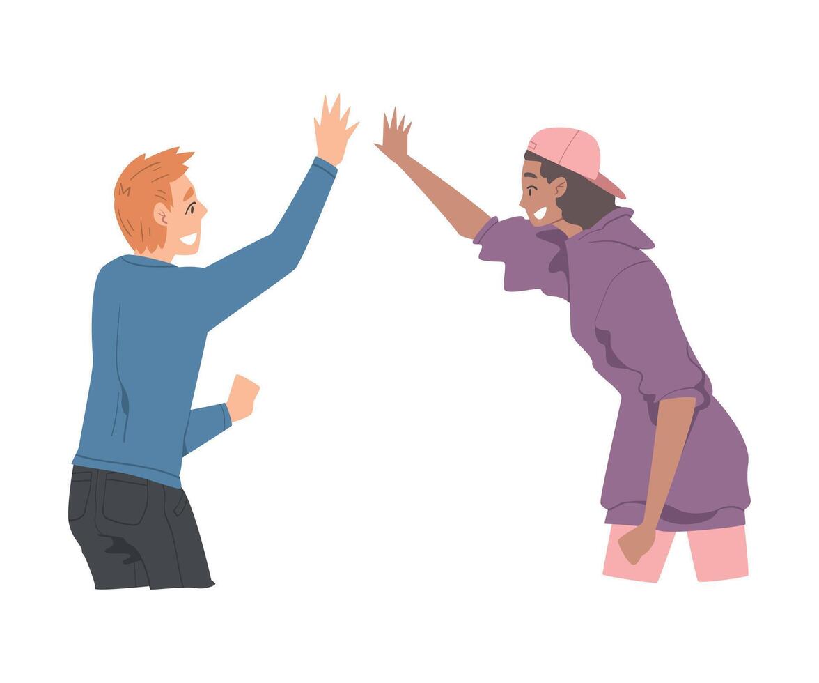 Young Man and Woman Giving High Five, Cheerful Friends Characters Meeting, Happiness, Agreement or Joy Expression Cartoon Style Illustration vector