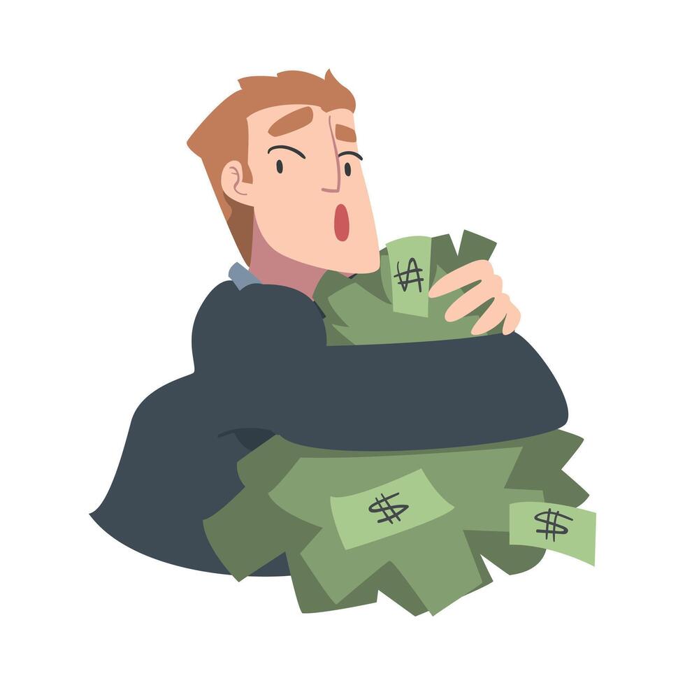 Rich Greedy Businessman Hugging Big Pile of Money, Wealthy Person, Millionaire Character, Financial Success, Profit, Income Concept Cartoon Style Illustration vector
