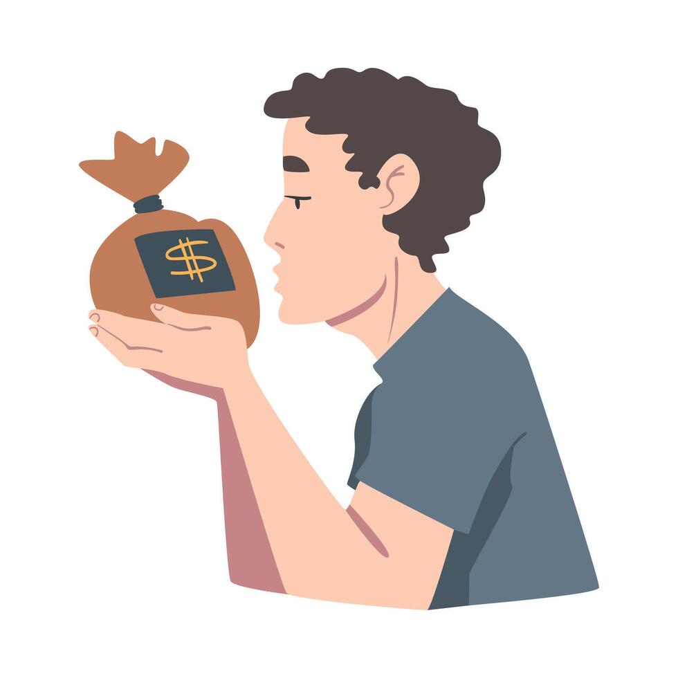Man Looking at Money Bag with Adoration, Wealthy Person, Millionaire Character, Financial Success, Profit, Income Concept Cartoon Style Illustration vector