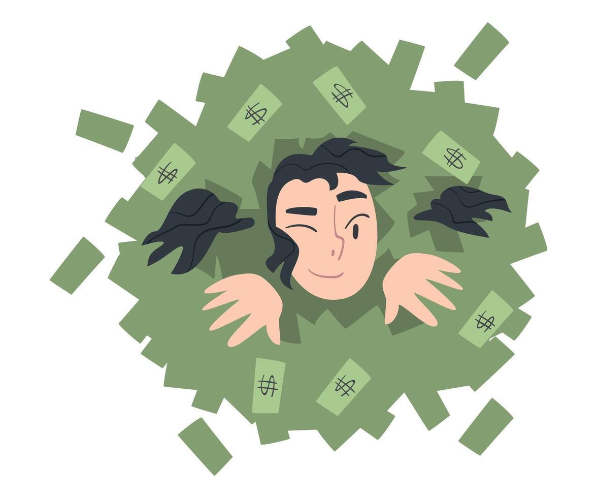 Rich Businesswoman Drowning in her Money, Wealthy Person, Millionaire Character, Financial Success, Profit, Income Concept Cartoon Style Illustration vector