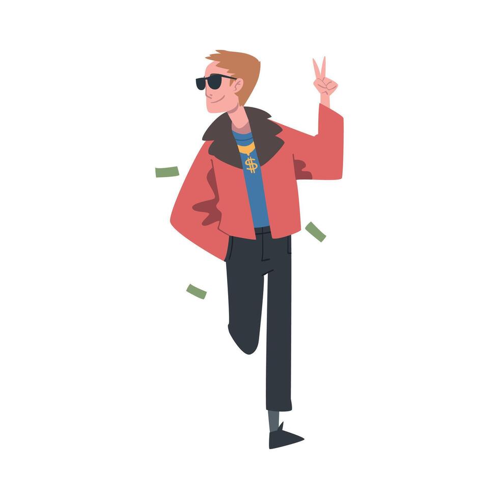 Successful Young Man Walking with Money Flying Out of his Pockets, Financial Success, Profit, Income Concept Cartoon Style Illustration vector