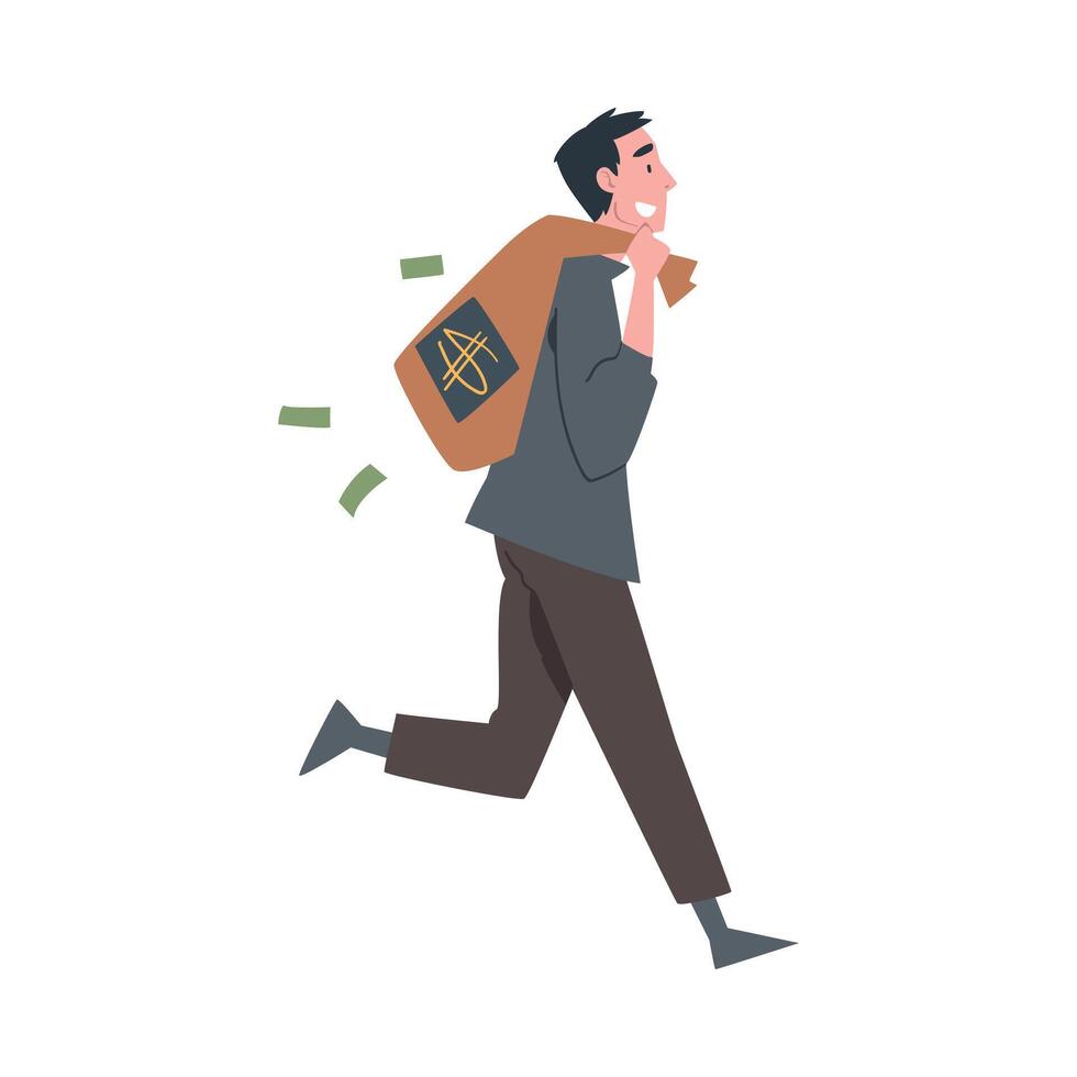 Rich Businessman Running with Bag Full of Money, Wealthy Person, Millionaire Character, Financial Success, Profit, Income Concept Cartoon Style Illustration vector