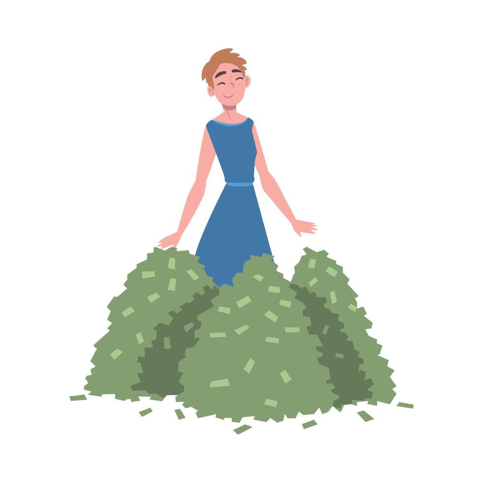Rich Businesswoman with Piles of Money, Wealthy Person, Millionaire Character, Financial Success, Profit, Income Concept Cartoon Style Illustration vector