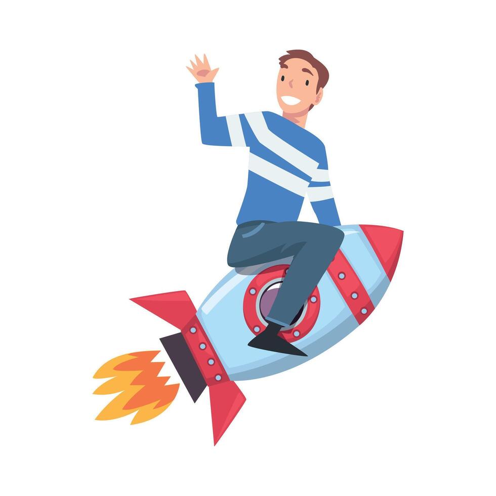 Smiling Young Man Flying on Space Rocket and Waving his Hand, Leadership, Achievement, Competition, Success Concept Cartoon Style Illustration vector