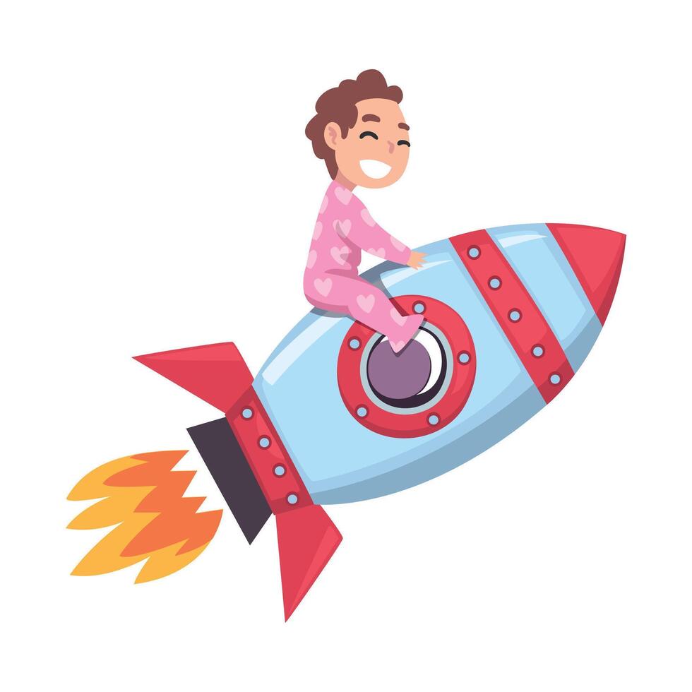 Happy Little Boy in Pajamas Riding Space Rocket, Dream, Successful Child Achievements Cartoon Style Illustration vector