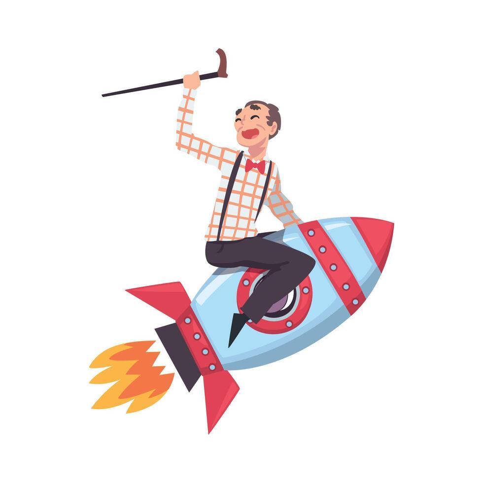Happy Mature Man with Walking Cane Flying on Space Rocket, Leadership, Competition Concept Cartoon Style Illustration vector