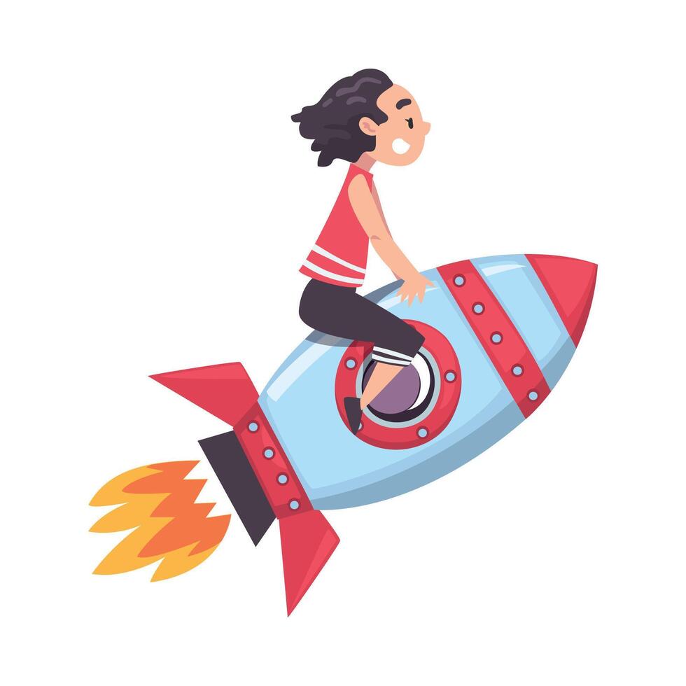 Cute Girl Flying on Space Rocket, Successful Achievements of Child Cartoon Style Illustration vector