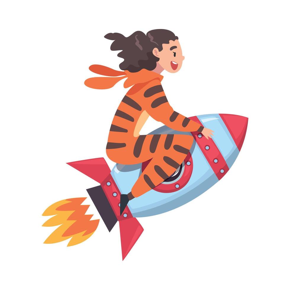 Cute Girl in Tiger Costume Flying on Space Rocket, Successful Achievements of Child Cartoon Style Illustration vector