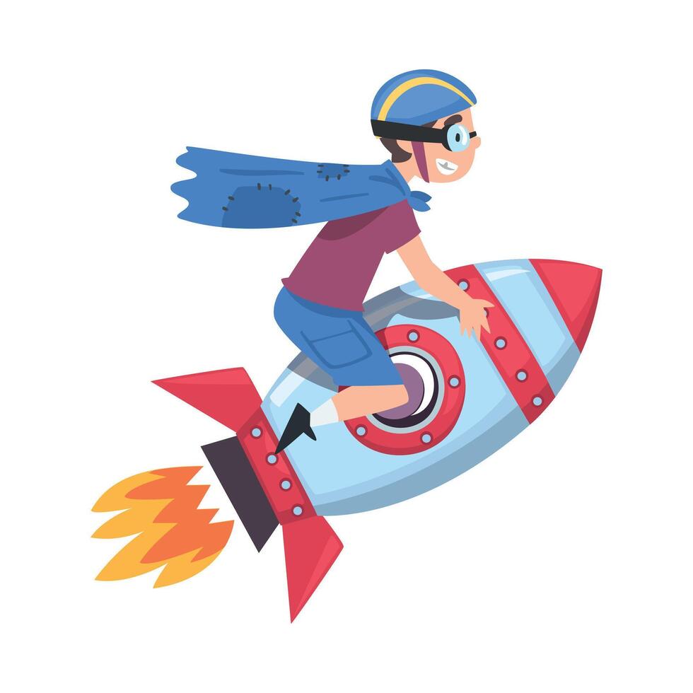 Cute Boy in Safety Helmet nad Cape Flying on Space Rocket, Successful Achievements of Child Cartoon Style Illustration vector