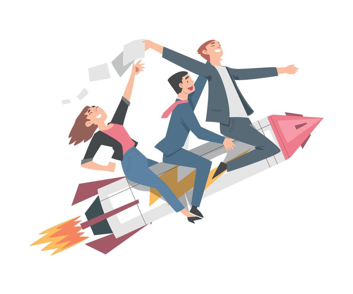 Business Team Flying on Rocket Ship, Leadership, Competitive Advantage, Successful Startup Business Concept Cartoon Style Illustration vector