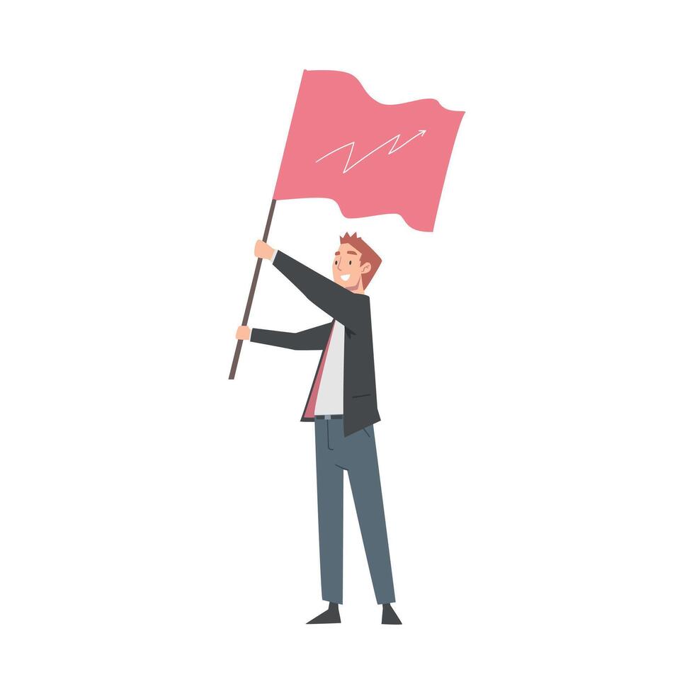 Successful Businessman Holding Red Waving Flag, Leadership, Competitive Advantage Business Concept Cartoon Style Illustration vector