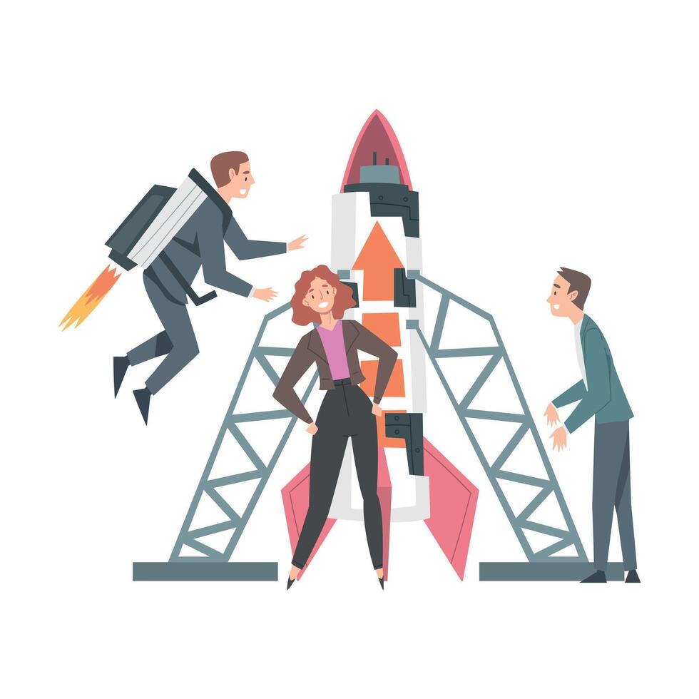 Business People Launching Space Rocket into the Sky, Business Growth, Startup, Leadership Cartoon Style Illustration vector