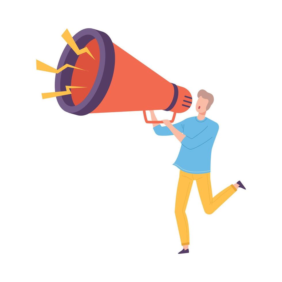 Young Man Holding Huge Megaphone Making Announcement and Screaming Information Illustration vector