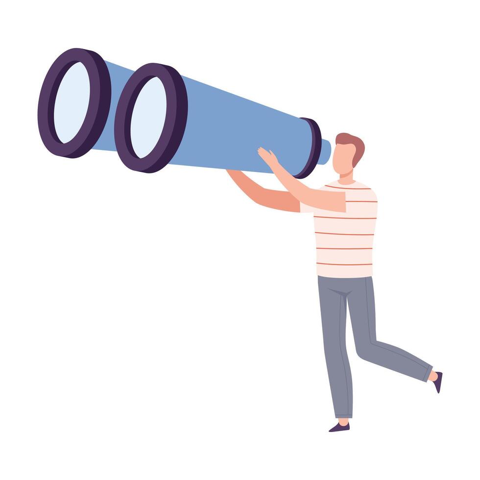 Young Male Holding Huge Binocular Searching and Investigating Illustration vector