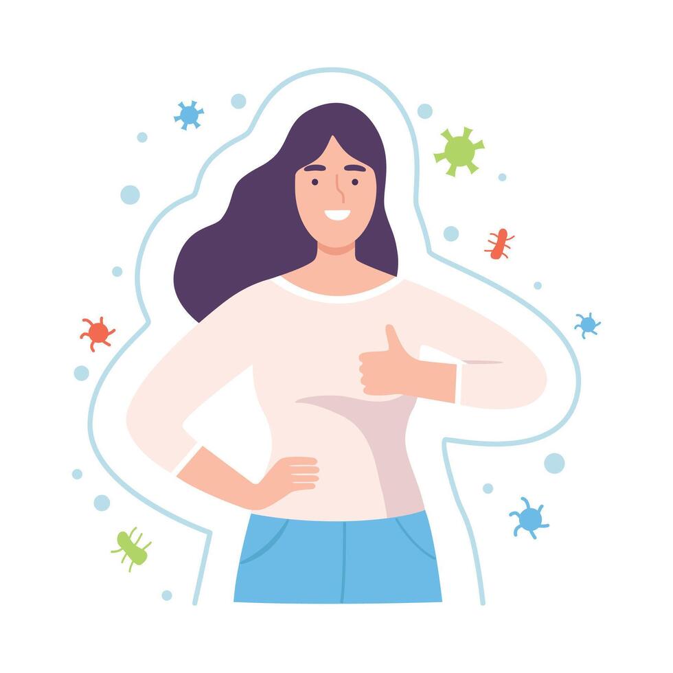 Young Female Character with Strong Immune Resistance to Bacterial Attack Showing Thumb Up Illustration vector