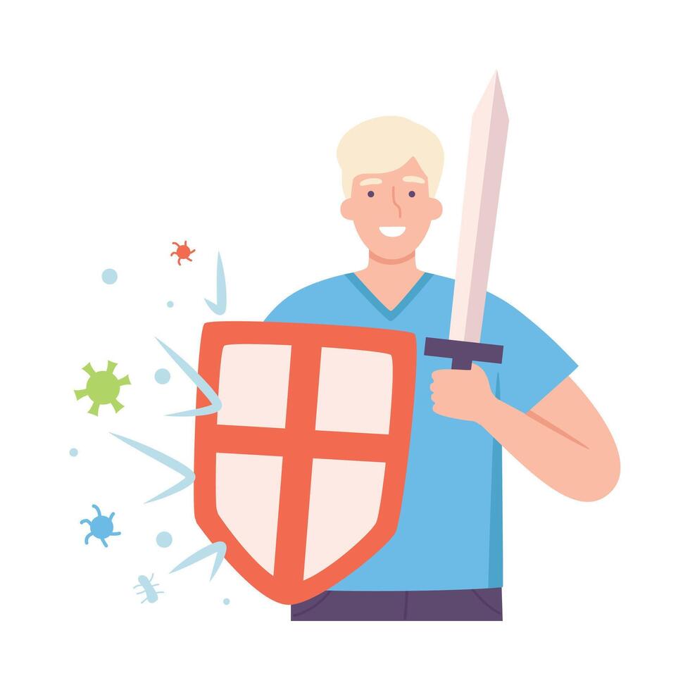 Young Male with Shield and Sword Fighting with Pathogen and Germs Illustration vector
