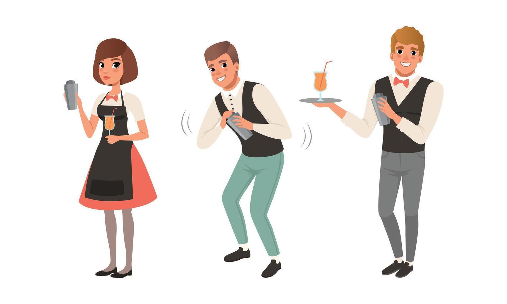 Bartender Man and Woman Character with Bow Tie Shaking Alcoholic Drinks Set vector