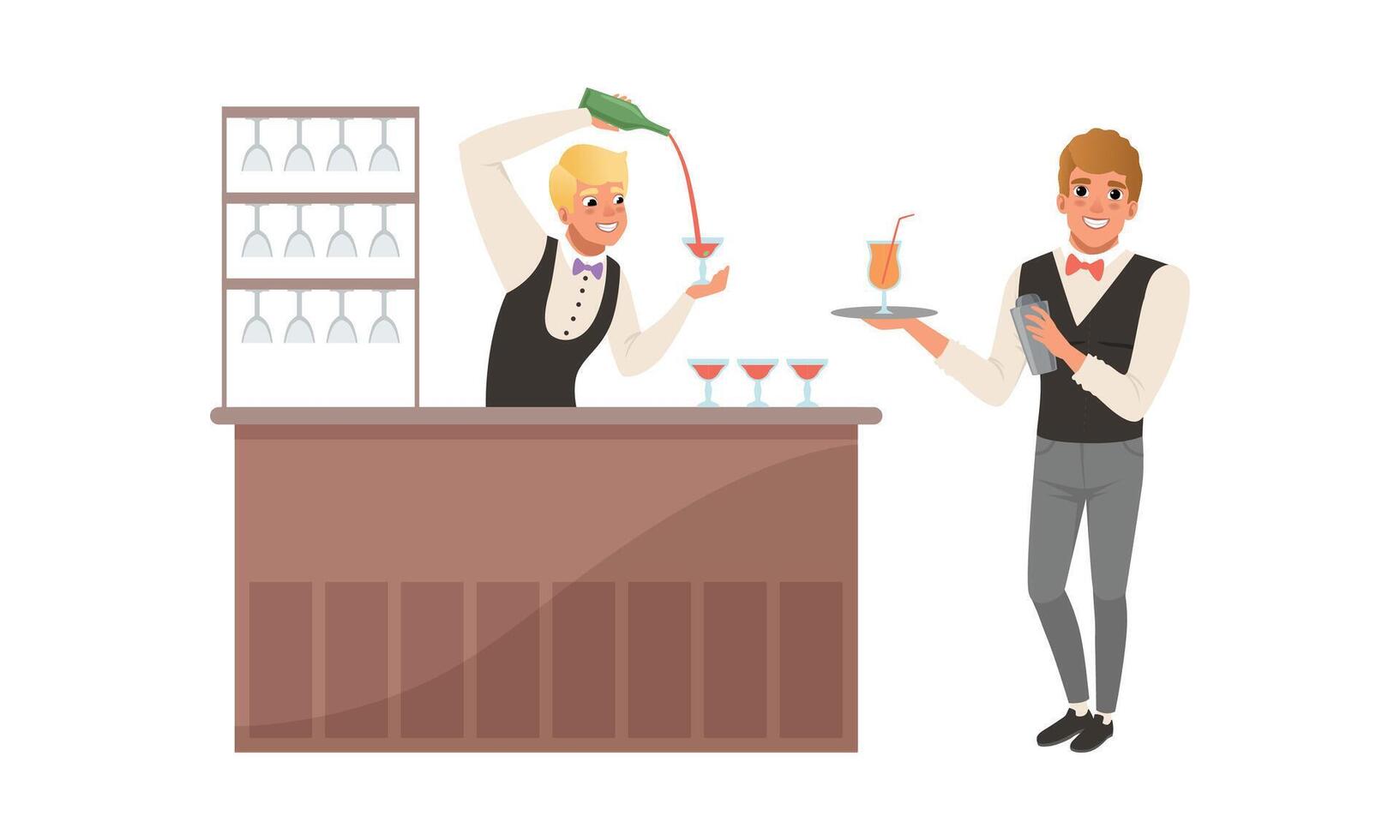 Young Bartender Standing at Bar Counter Pouring Wine in Glass Illustration Set vector