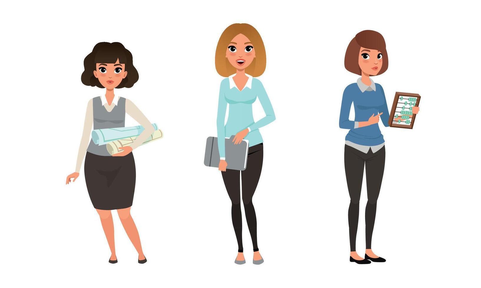 Female Character in Formal Clothing with Rolled Blueprint and Document Folder Illustration Set vector