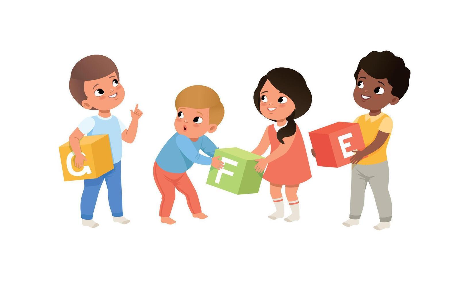 Little Kids Playing with Alphabet Blocks Illustration Set vector