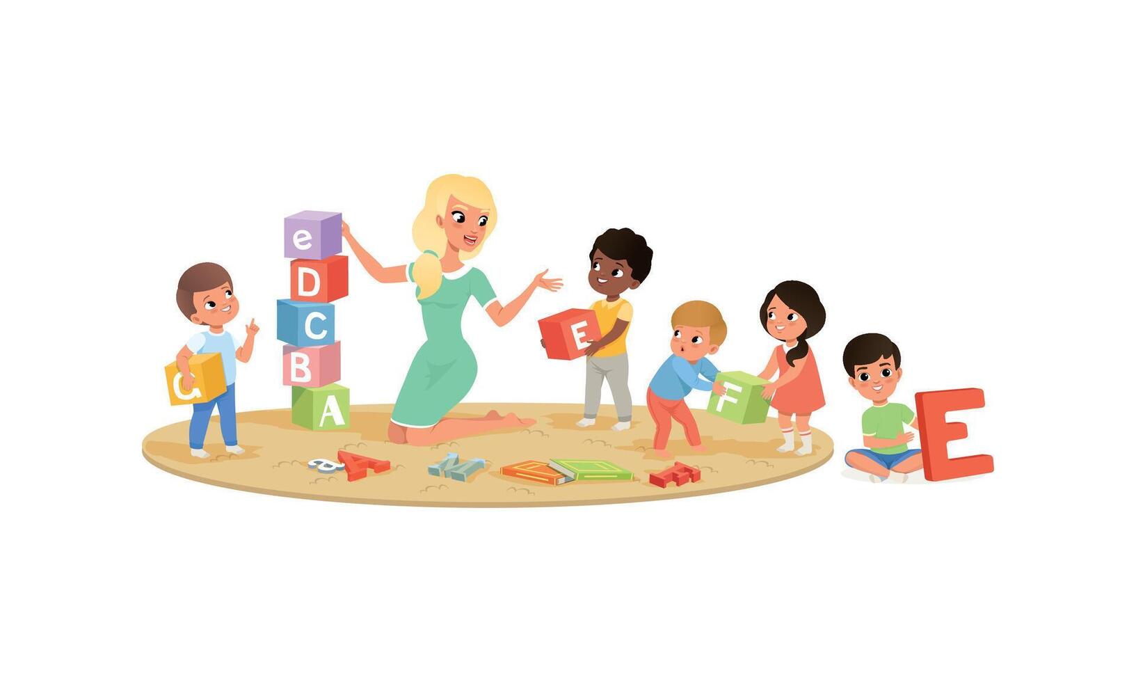 Little Kids Playing with Alphabet Blocks in Kindergarten Illustration vector