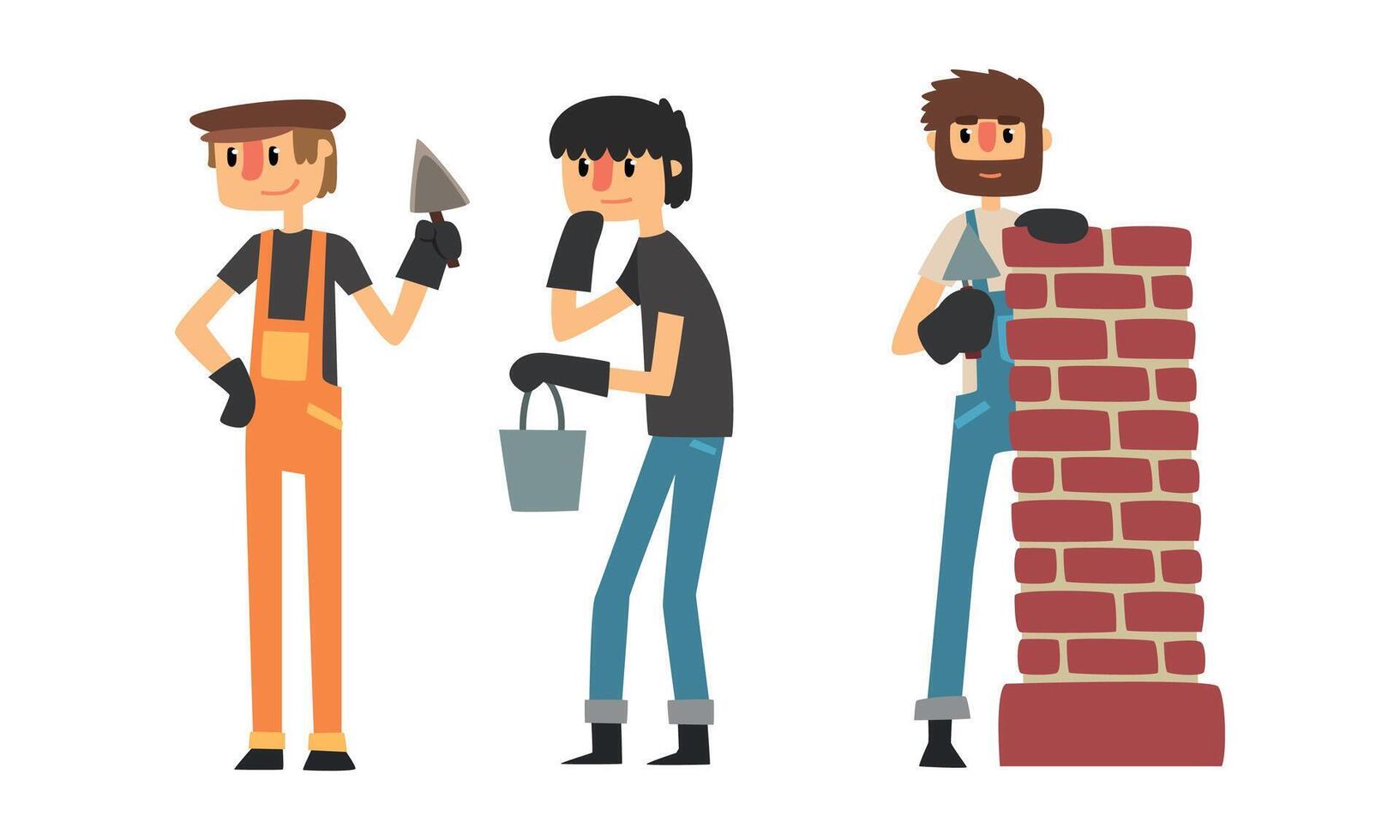 Man Builder Wearing Jumpsuit Doing Mason Work Illustration Set vector