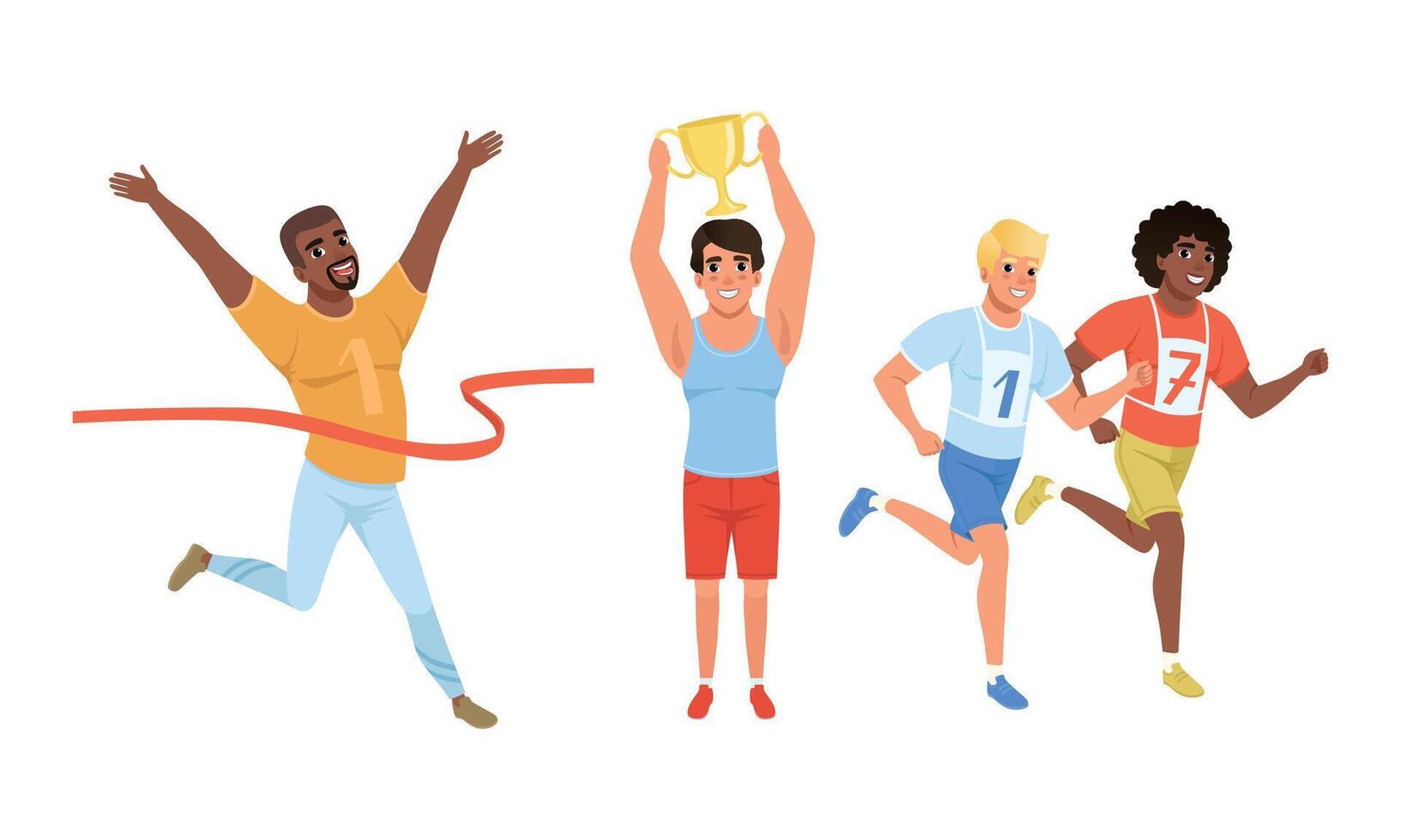 Smiling Man Running Marathon and Holding Golden Cup Award Illustration Set vector