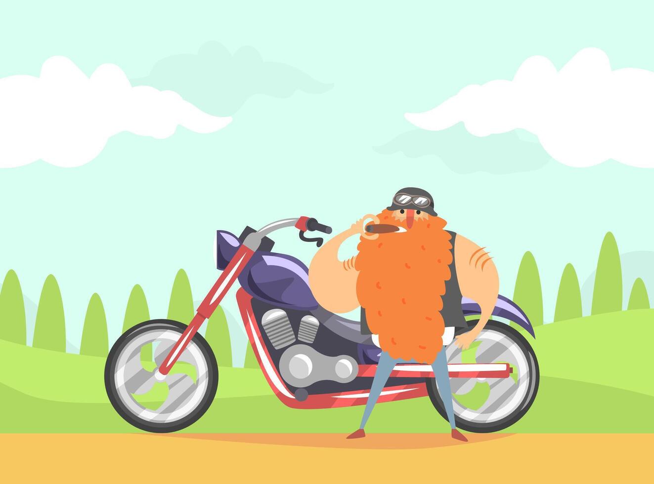 Brutal Biker with Red Beard Standing Near His Motorcycle and Smoking Cigarette Illustration vector