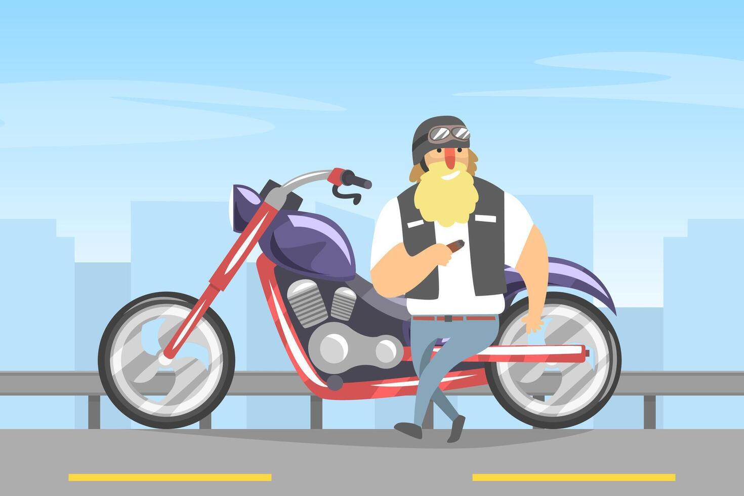 Brutal Biker with Blond Beard Standing Near His Motorcycle and Smoking Cigarette Illustration vector