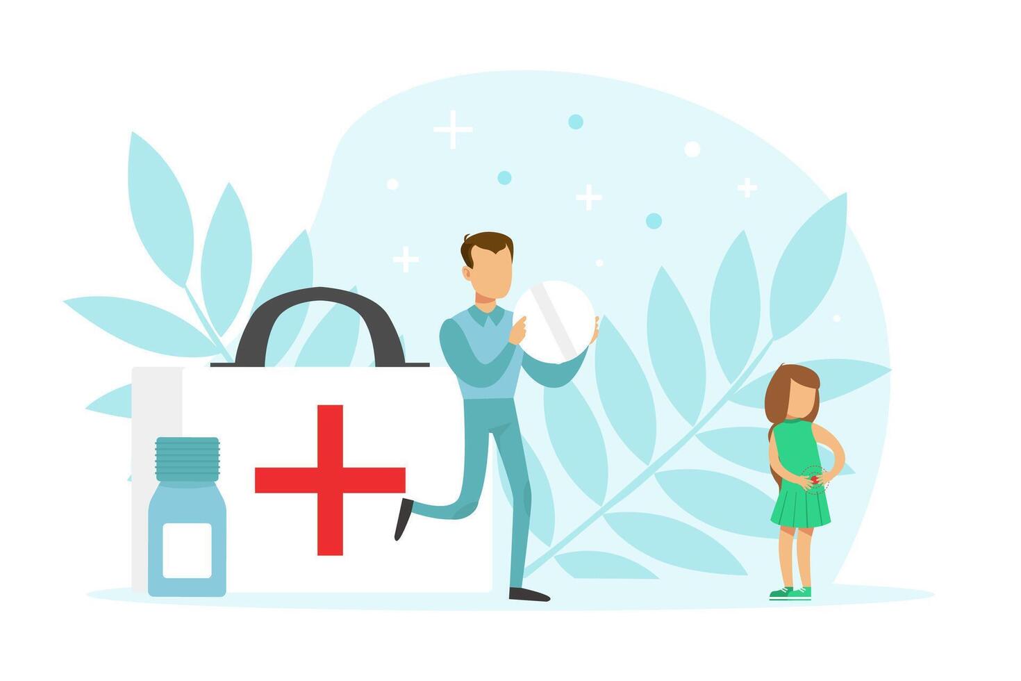 Sick Child and Man Carrying Medicine with Floral Leaf Backdrop Illustration vector
