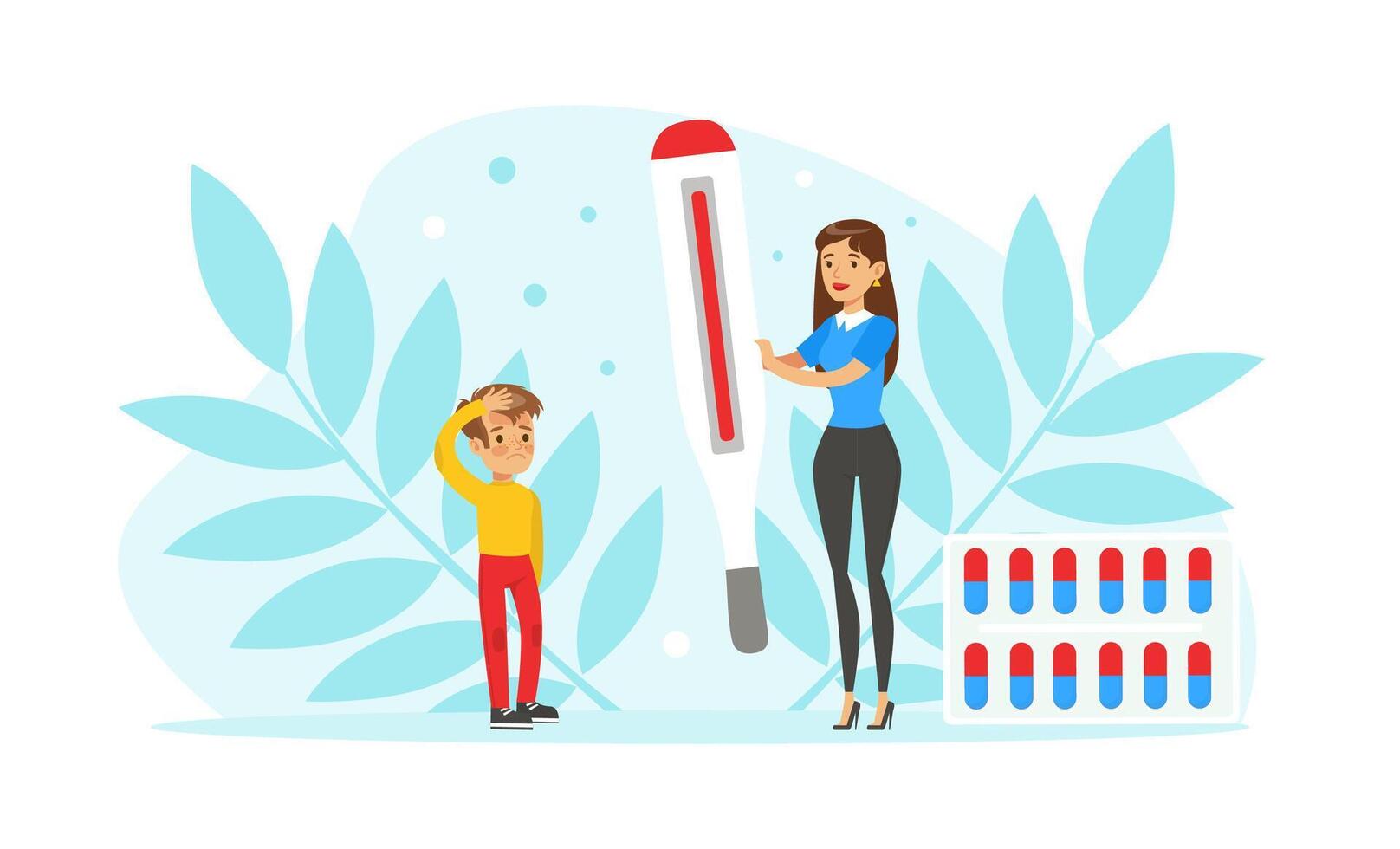 Little Boy with Fever and Woman Holding Thermometer with Floral Leaf Backdrop Illustration vector