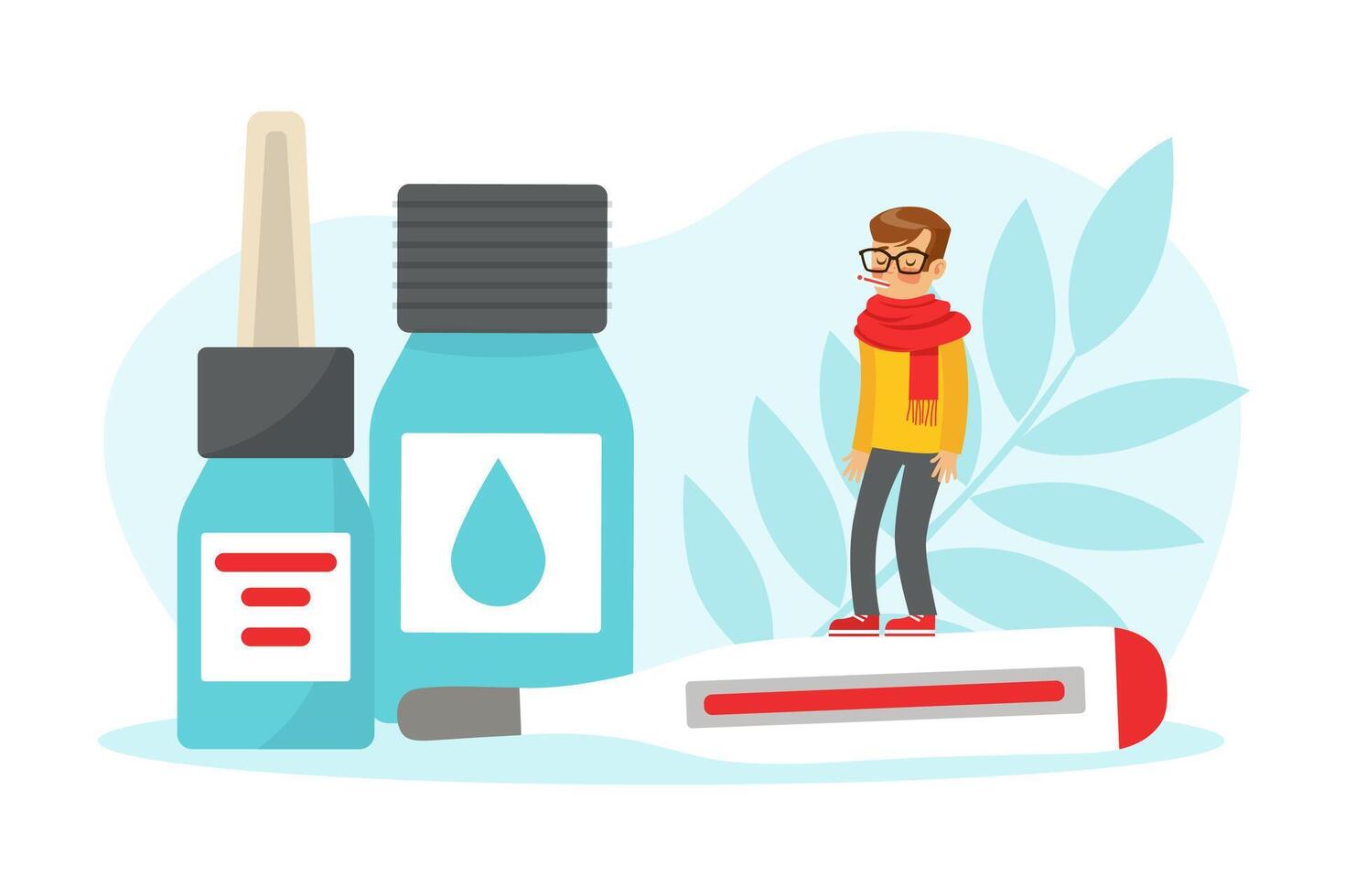 Little Boy with Fever Holding Thermometer with Floral Leaf Backdrop Illustration vector