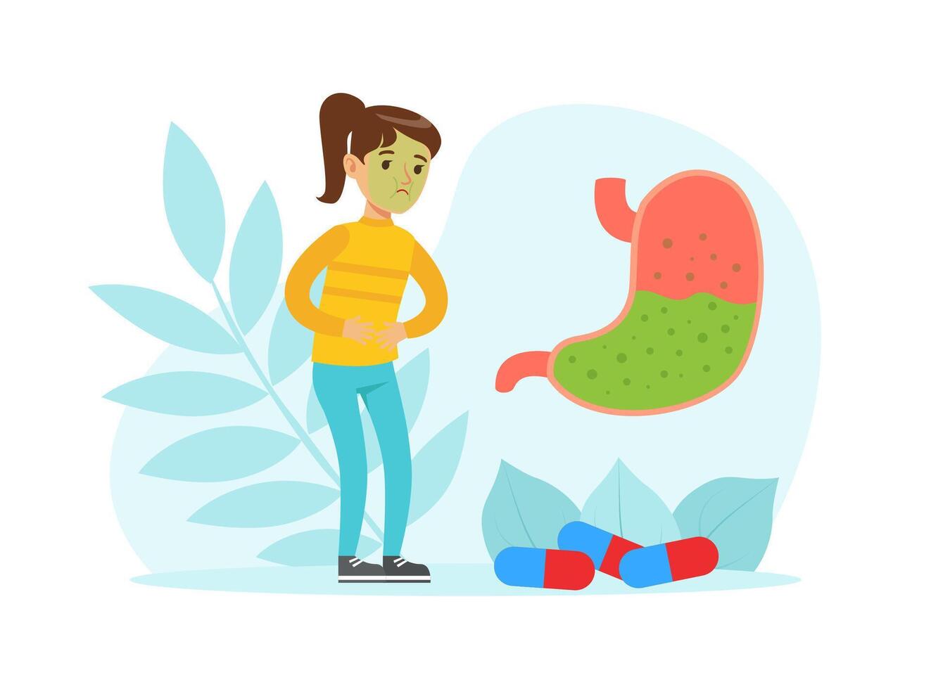 Little Girl Feeling Stomachache Suffering from Intoxication with Floral Leaf Backdrop Illustration vector